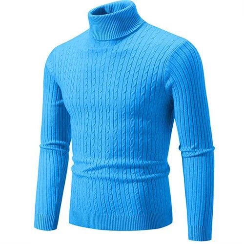 Stylish men's ribbed knit turtleneck sweater, perfect for casual winter fashion.