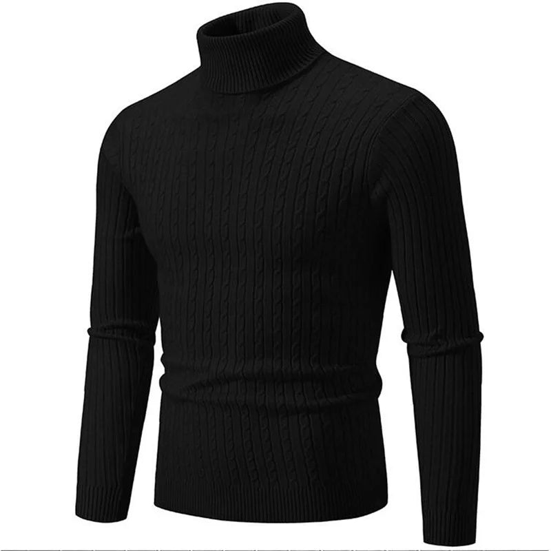 Warm men's turtleneck sweater with ribbed knit texture, ideal for cold weather.