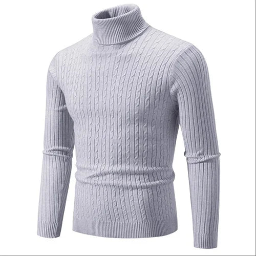 Modern men's ribbed knit turtleneck, an essential comfortable piece for winter fashion.