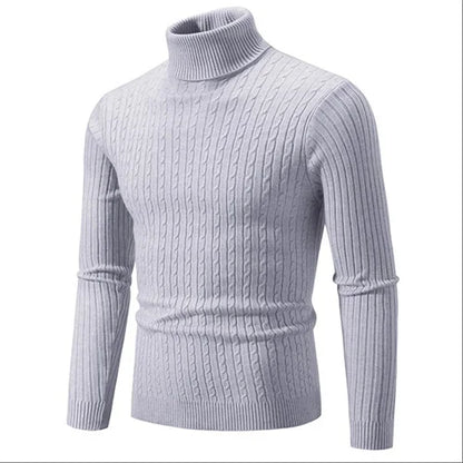 Modern men's ribbed knit turtleneck, an essential comfortable piece for winter fashion.