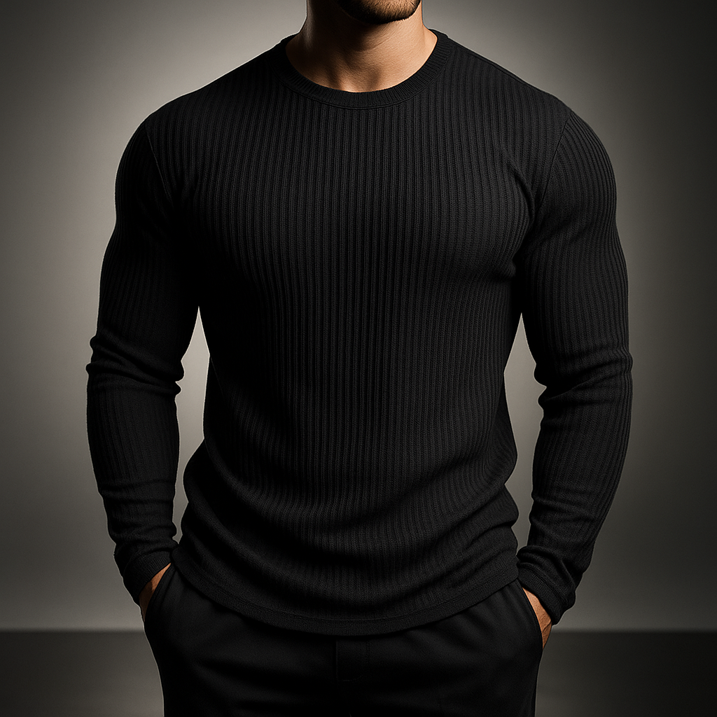 Men's ribbed long sleeve pullover sweater, ideal for winter casual wear. Comfortable & stylish mens fashion.