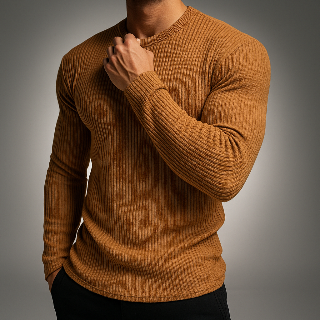 Versatile men's casual long sleeve ribbed pullover sweater, perfect for everyday wear & winter comfort.