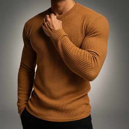 Versatile men's casual long sleeve ribbed pullover sweater, perfect for everyday wear & winter comfort.