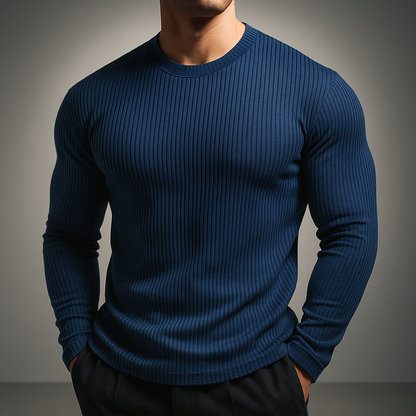 Modern men's ribbed long sleeve pullover sweater, a stylish & comfortable choice for winter fashion.