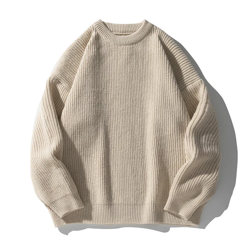 Close-up of the ribbed texture on a men's relaxed fit pullover sweater, showcasing quality.