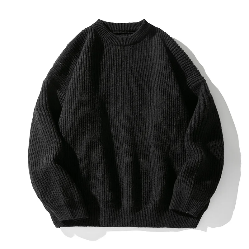 Man modeling a relaxed fit ribbed pullover sweater, ideal for comfortable men's casual wear.