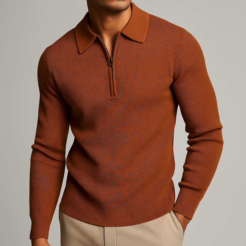 Men's ribbed quarter-zip polo sweater, a long-sleeve knit top for a refined casual look.