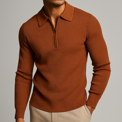 Men's ribbed quarter-zip polo sweater, a long-sleeve knit top for a refined casual look.