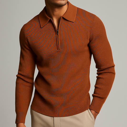 Men's ribbed quarter-zip polo sweater, a long-sleeve knit top for a refined casual look.