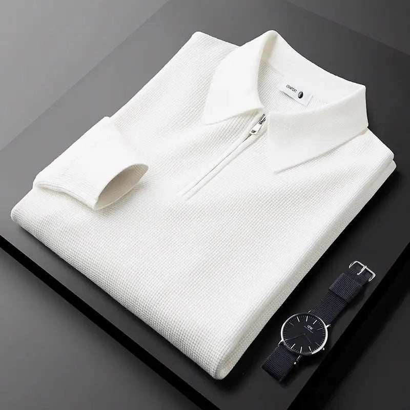 Smart casual men's ribbed quarter-zip polo sweater, perfect for fall & winter fashion.