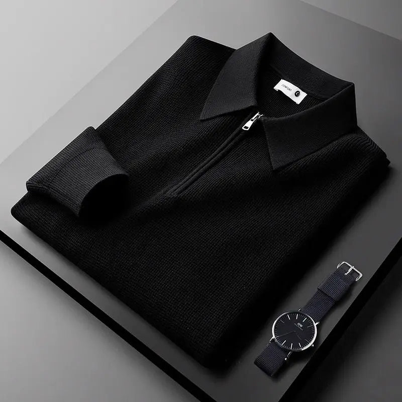 Textured men's ribbed long-sleeve quarter-zip polo sweater, ideal for versatile styling.