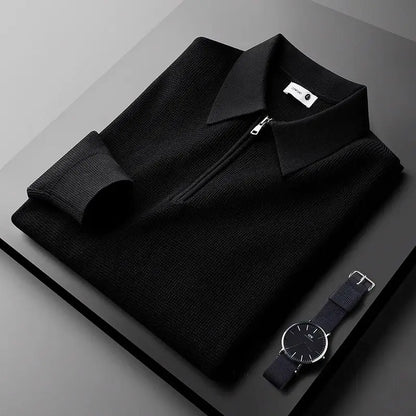 Textured men's ribbed long-sleeve quarter-zip polo sweater, ideal for versatile styling.