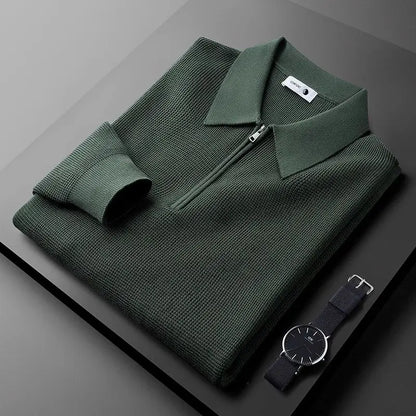 Versatile men's ribbed quarter-zip polo sweater, great for casual or smart casual mens fashion.