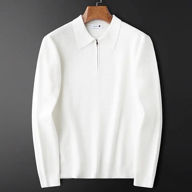 Comfortable men's ribbed quarter-zip sweater in a polo style, perfect for everyday wear.