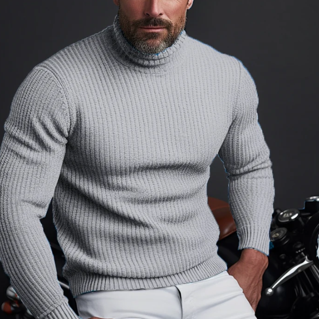 Warm men's slim fit ribbed turtleneck sweater, classic knitwear for versatile winter fashion. Comfortable.
