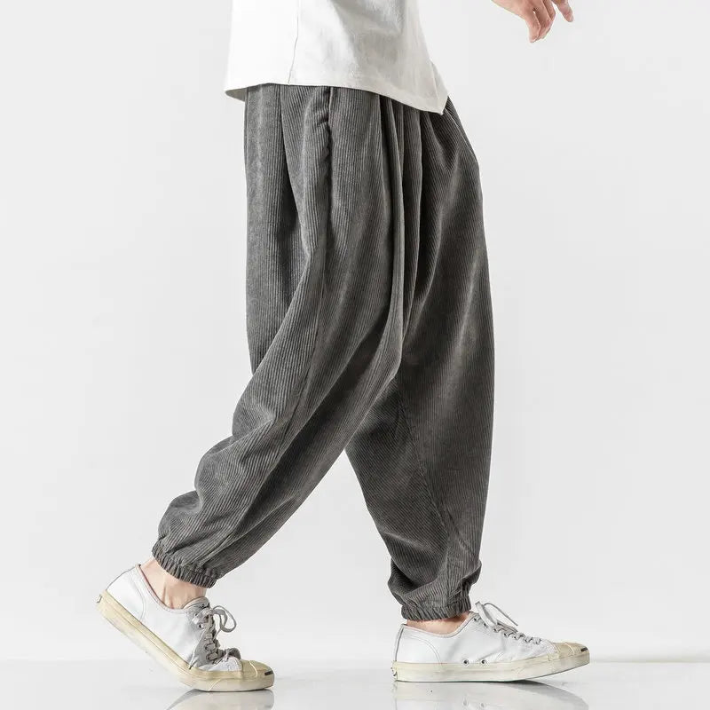 Fashionable men's wide leg corduroy pants, relaxed fit, blending street style & comfort.