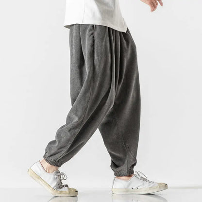 Fashionable men's wide leg corduroy pants, relaxed fit, blending street style & comfort.