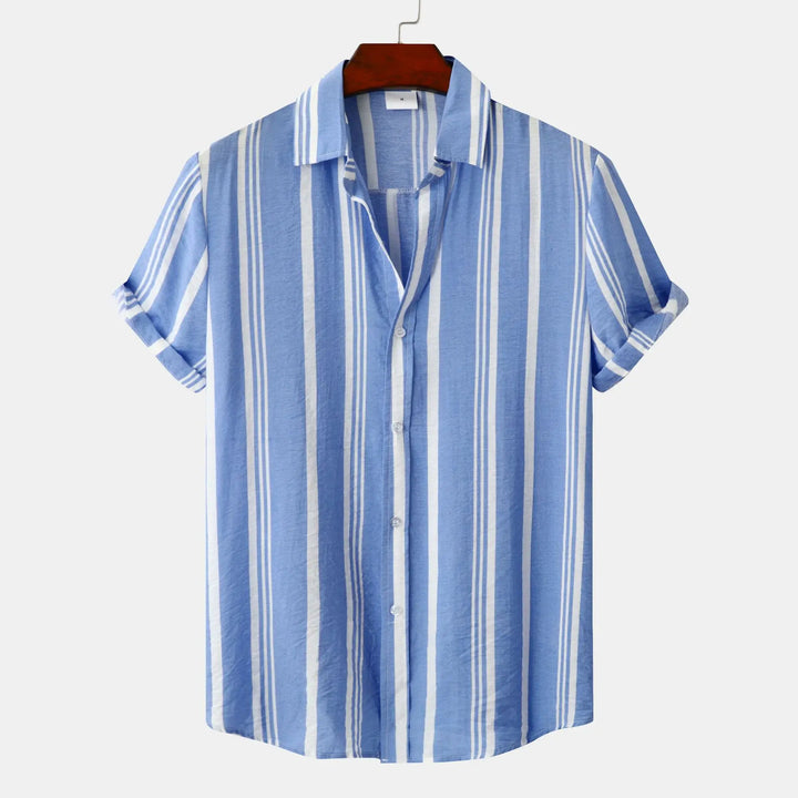 Stylish men's long sleeve Riviera Stripe Button-Down Shirt, perfect for casual or formal men's fashion.