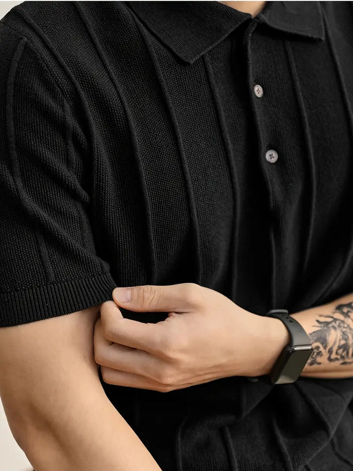 Distinctive men's textured polo shirt, Riviera chic, suitable for smart casual occasions.