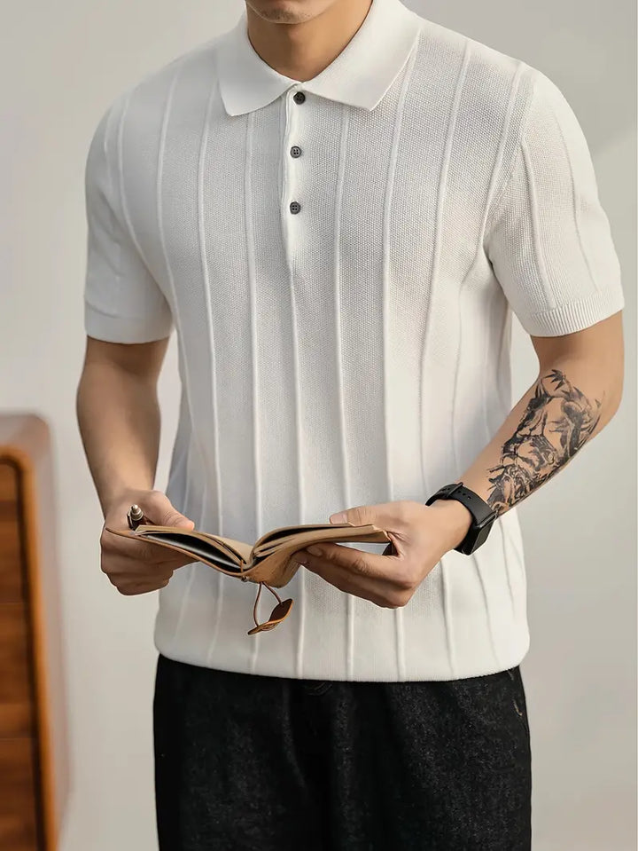 Sophisticated men's textured polo, Riviera inspired, for effortless smart casual appeal.