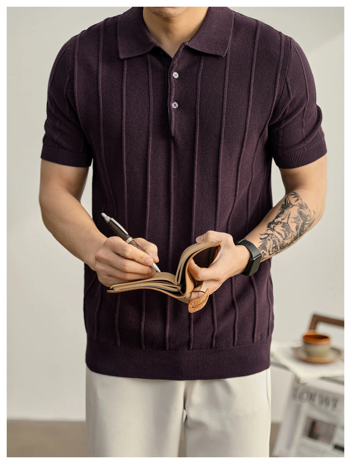 Men's textured short sleeve polo, perfect for a refined Riviera casual look. Spring fashion.