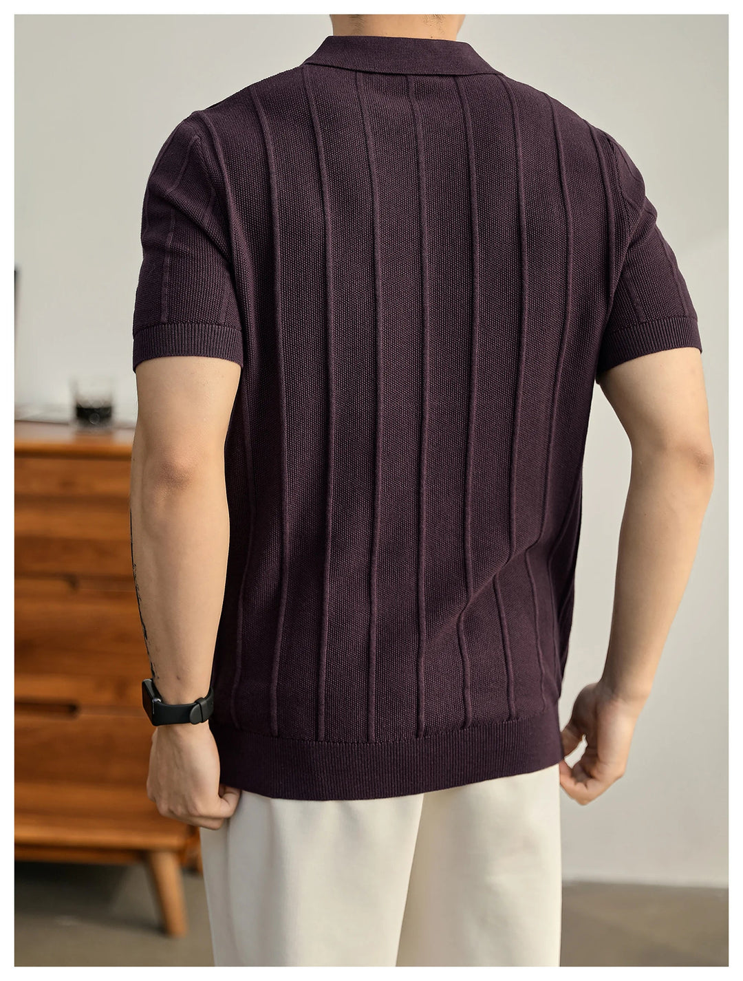 Summer fashion men's textured polo, short sleeve, embodying casual Riviera elegance.