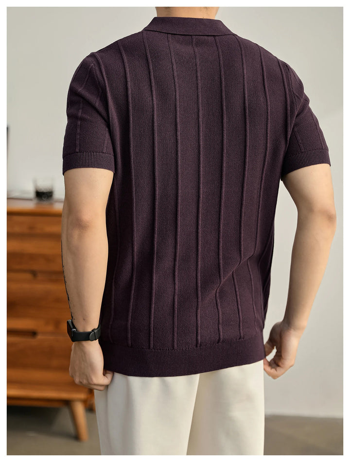 Summer fashion men's textured polo, short sleeve, embodying casual Riviera elegance.
