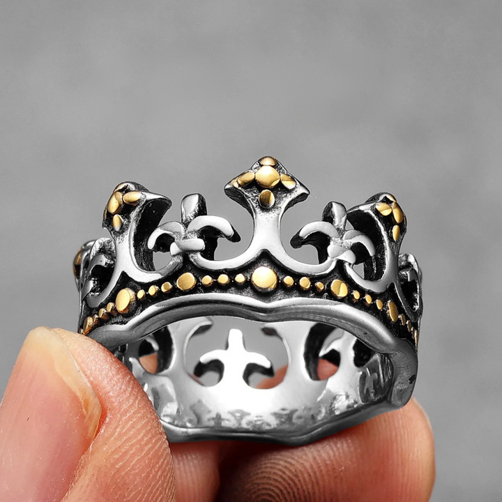 Close-up of men's Kingmaker Royal Crown Ring. Detailed stainless steel vintage statement ring.