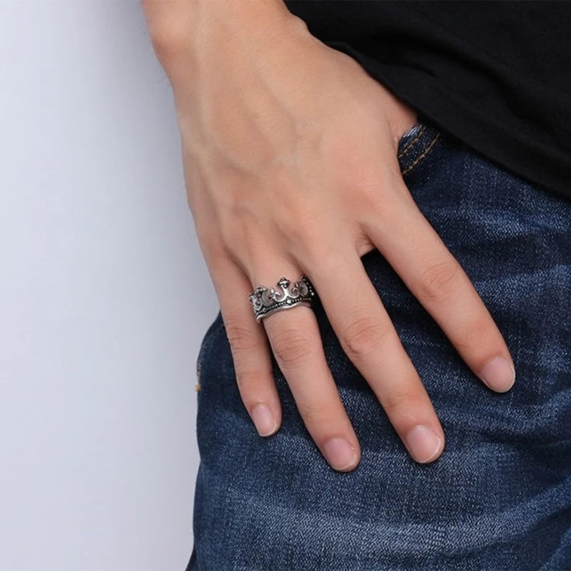 Side view of Men's Royal Crown Ring, Kingmaker Edition. Stainless steel vintage men's statement ring.