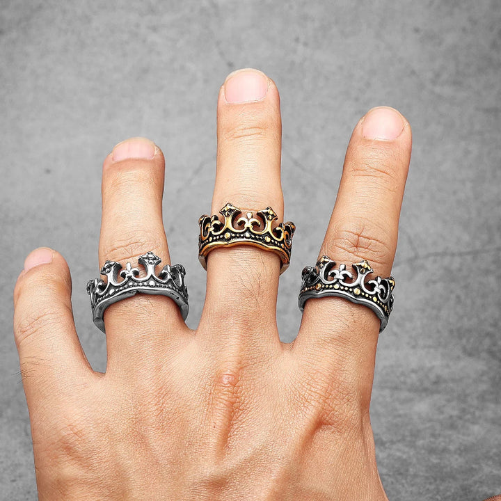 Men's Royal Crown Ring, Kingmaker Edition, worn on hand. Stainless steel vintage statement ring for men.