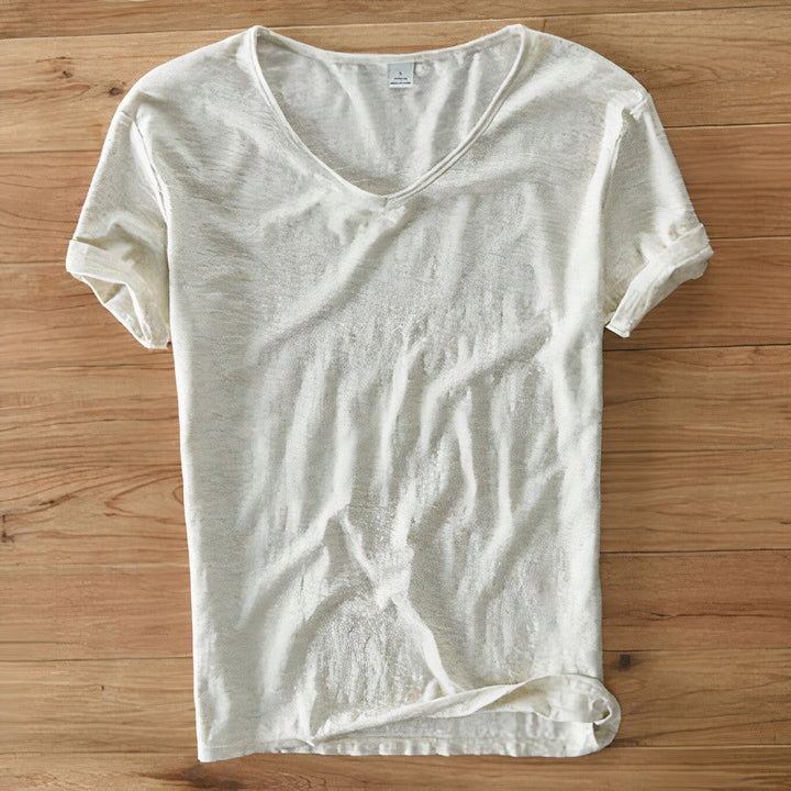 Man models a comfortable Ruben V-neck summer t-shirt, short sleeve, for casual outings or vacation style.