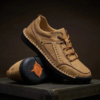 Men's rugged all-terrain hiking shoes in khaki, ideal for adventurous trail walking & trekking comfort.