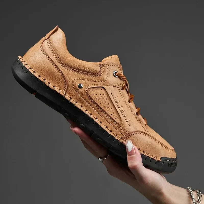 Brown men's hiking shoes with aggressive tread for superior grip on all challenging outdoor terrain.