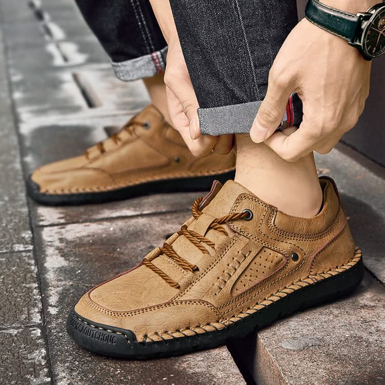 Khaki men's adventure trail shoes, offering comfortable & durable all-terrain performance for hikers.