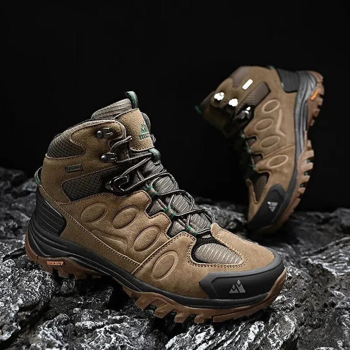 Men's rugged brown leather hiking trail boots with dark laces, designed for outdoor adventure.