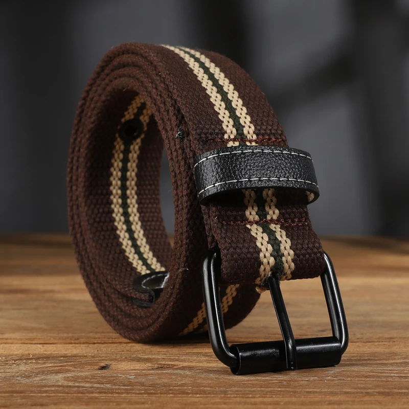 Adjustable men's canvas belt with double D-ring buckle, perfect for casual or military-style outfits.