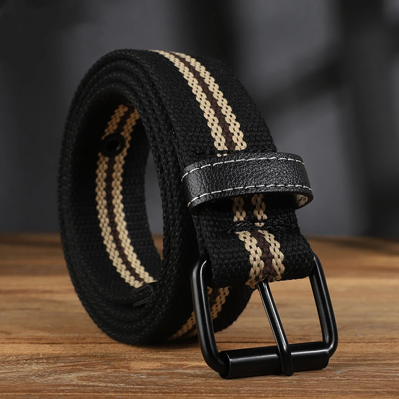 Men's casual canvas belt featuring a sturdy double ring buckle, providing an adjustable and secure fit.