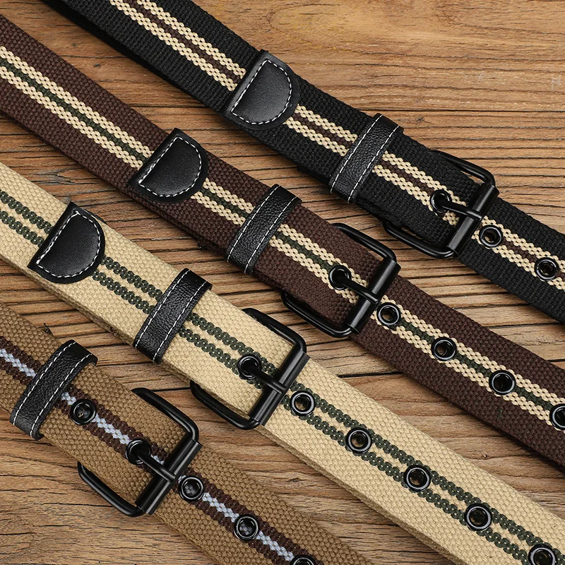 Close-up of a men's durable canvas belt, highlighting the texture and double D-ring buckle design.