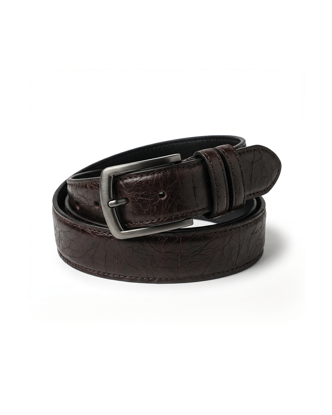 Men's rugged cowhide leather belt with a sleek gunmetal buckle, offering durable and classic everyday style.