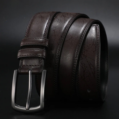 Classic men's rugged style leather belt crafted from genuine cowhide, paired with a sleek gunmetal buckle.