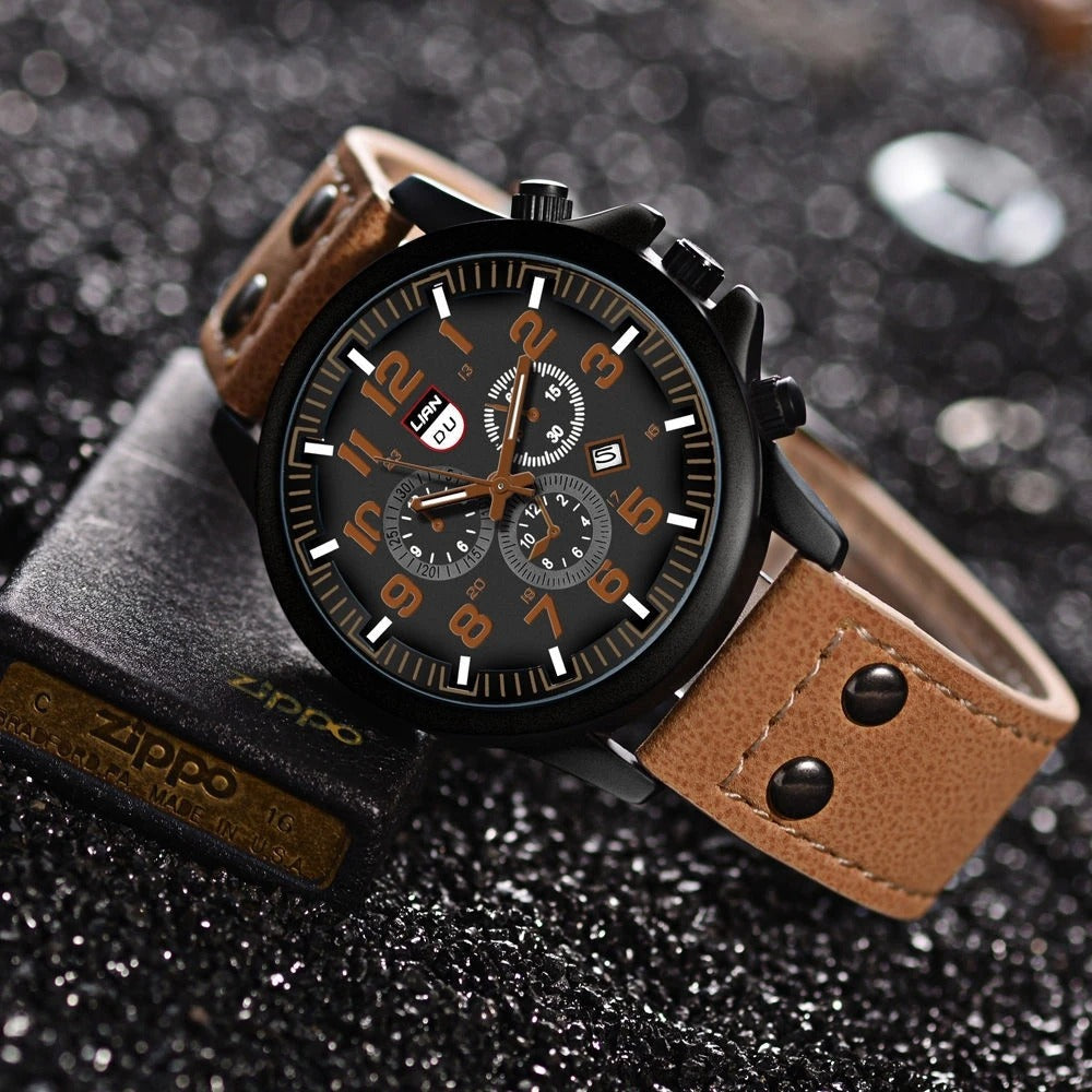 Premium men's cowhide leather watch, rugged design, comfortable and long-lasting leather strap for durability.