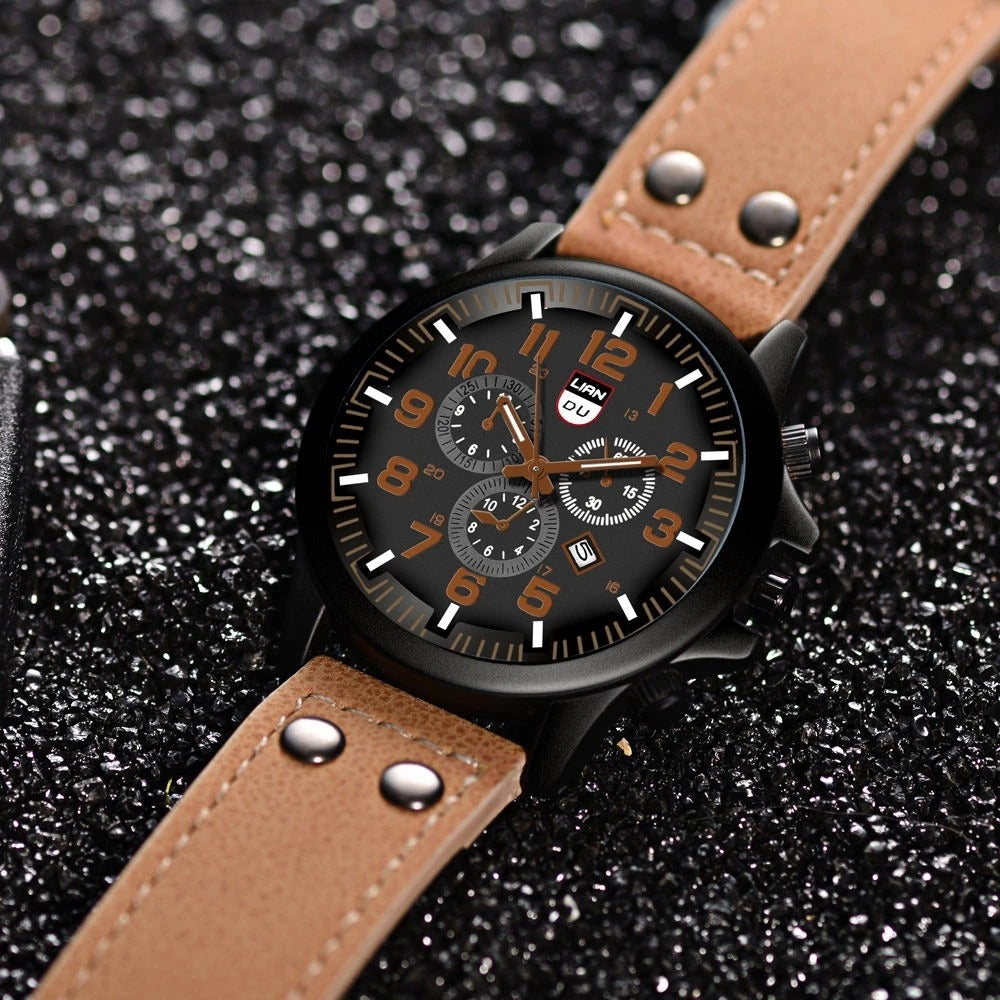 Adventure-ready men's rugged watch with a tough cowhide leather strap. Reliable analog timepiece for explorers.