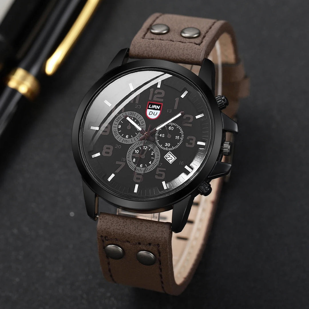 Durable men's rugged cowhide leather watch, built tough for outdoor adventures with a strong leather strap.