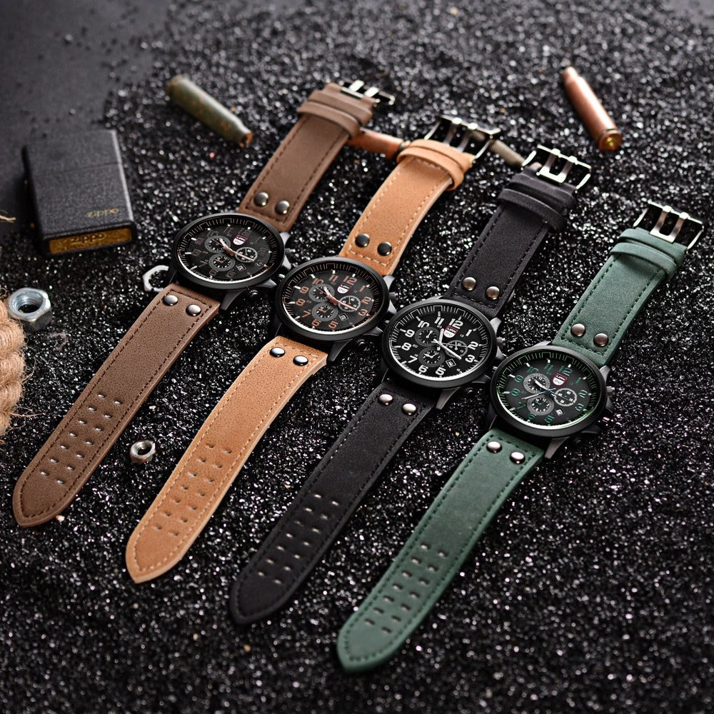 Classic men's rugged cowhide leather watch, a durable military-style analog timepiece with a sturdy strap.