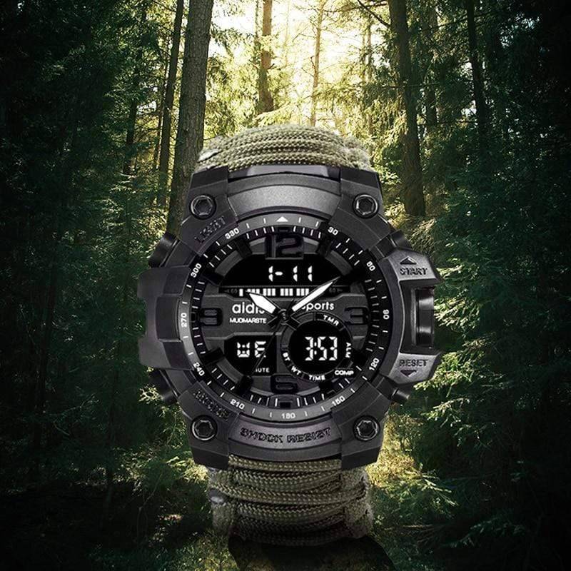 Men's rugged digital outdoor sports watch with black band, ideal for survival and hiking.
