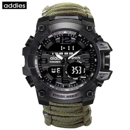 Tactical men's digital watch, waterproof and durable, perfect for camping and outdoor adventures.