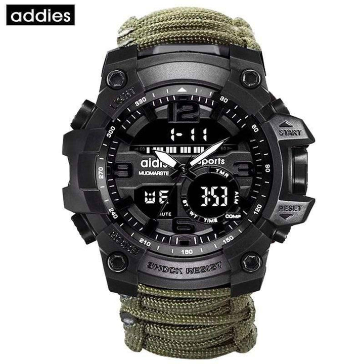 Tactical men's digital watch, waterproof and durable, perfect for camping and outdoor adventures.