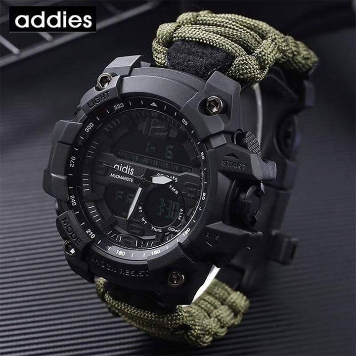 Survival gear: a men's digital sports watch, built for the outdoors, with multiple functions.