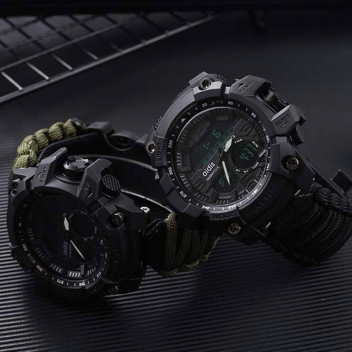 Rugged men's digital watch, designed for hiking and outdoor survival, with a durable black strap.