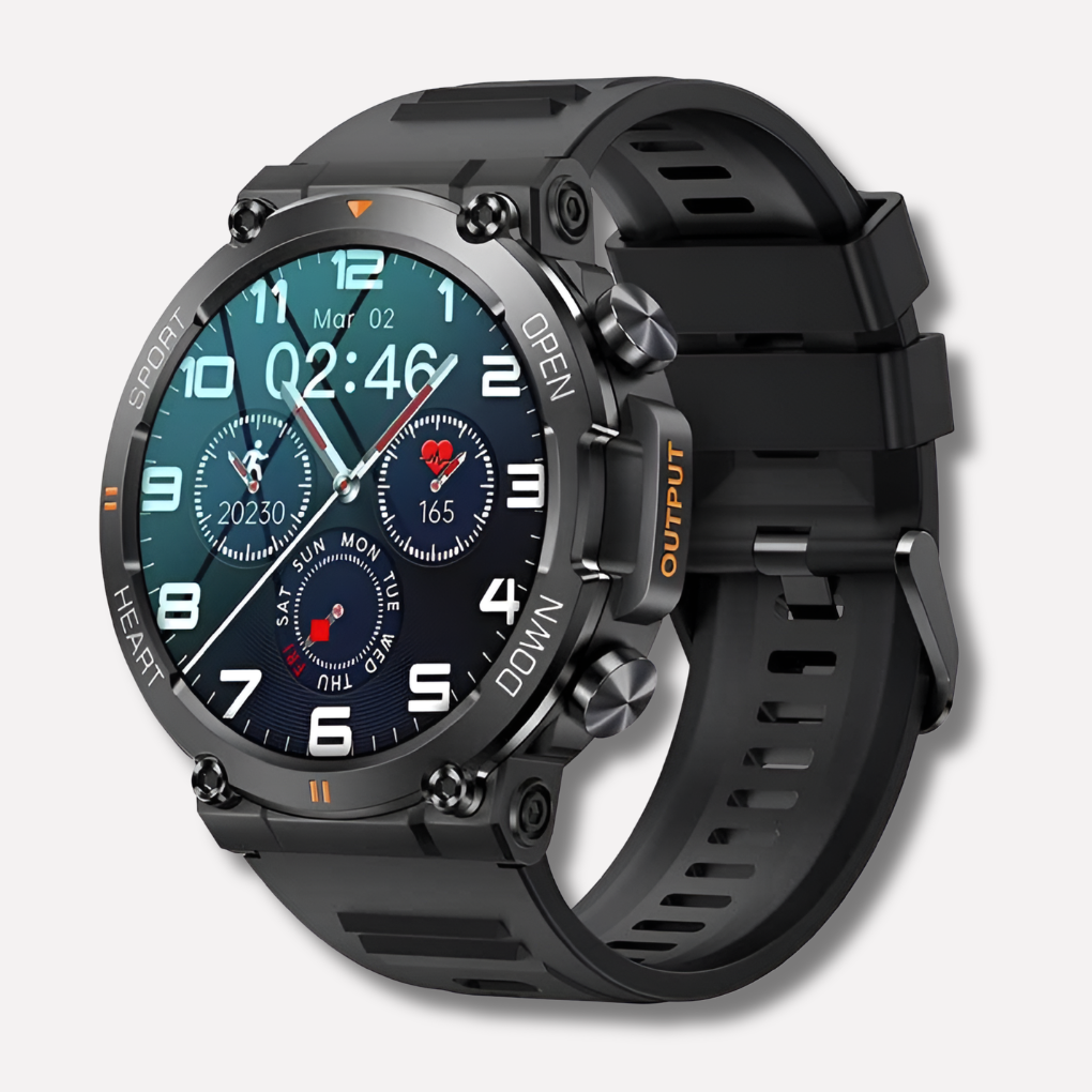 Black rugged men's GPS smartwatch, ideal for hiking. Water-resistant, adventure-ready fitness & activity tracker.